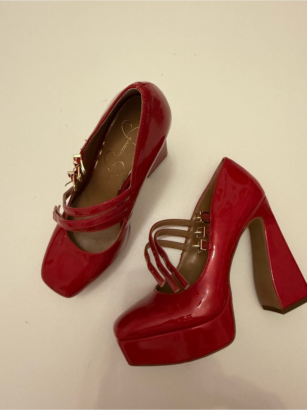 Jessica Simpson Red Patent Triple-Strap Platform Pumps